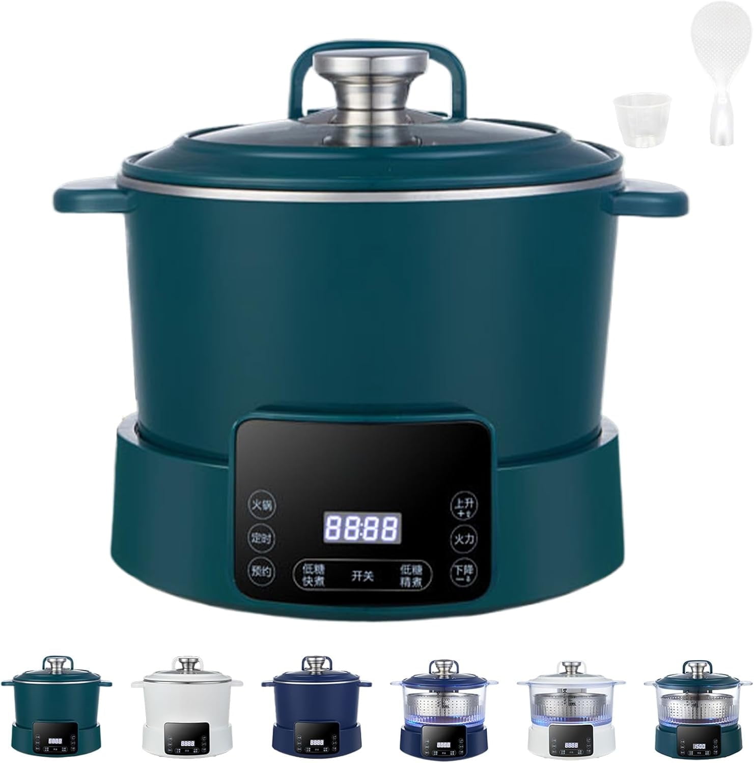 Rice Soup Separation Electric Cooker, 3L Low Sugar Rice Cooker with Reservable-Timable and Liftable Filter Basket, Digital Display, Helps control sugar intake (Green,Stainless Steel)