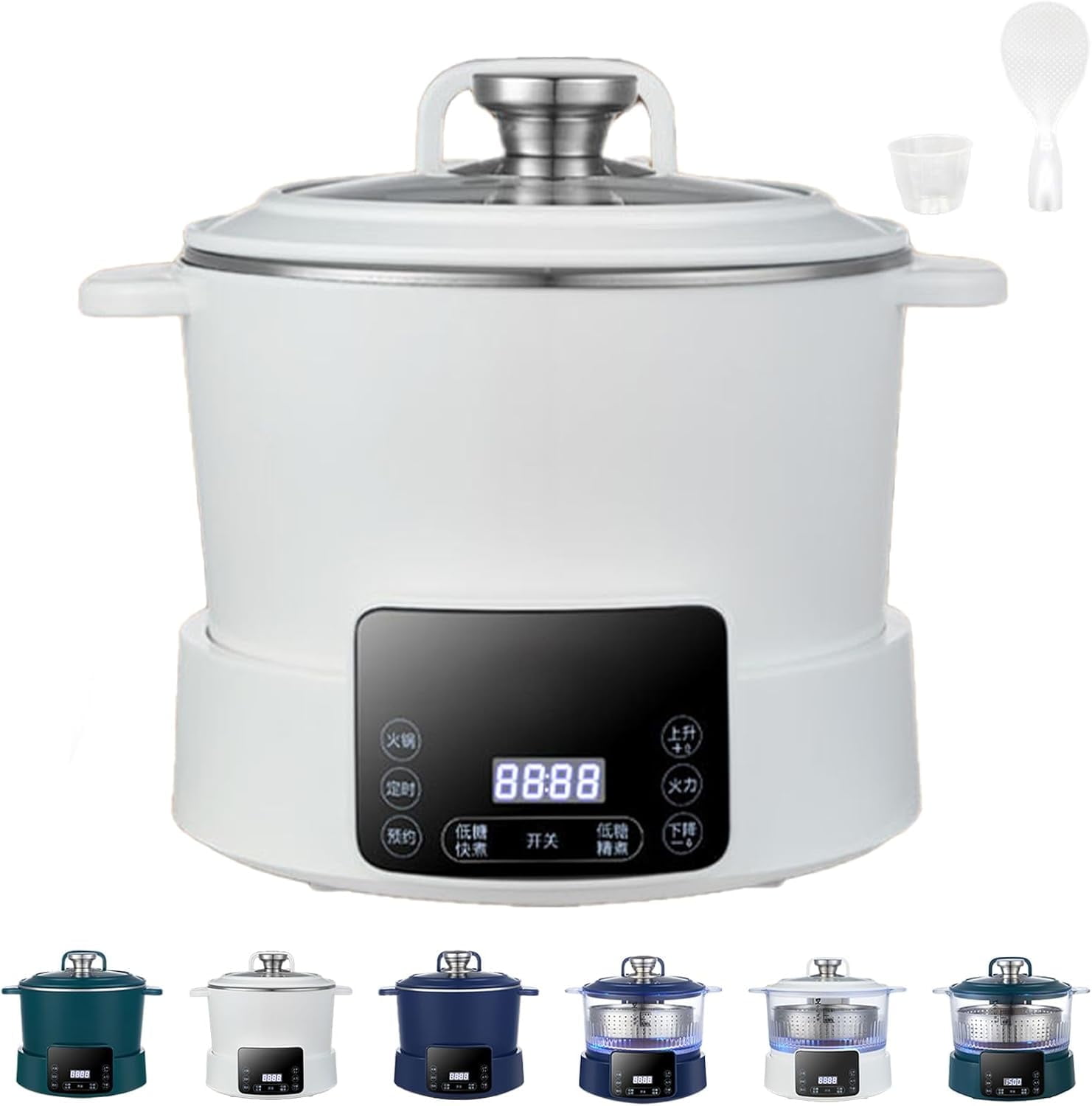 Rice Soup Separation Electric Cooker, 3L Low Sugar Rice Cooker with Reservable-Timable and Liftable Filter Basket, Digital Display, Helps control sugar intake (White,Stainless Steel)