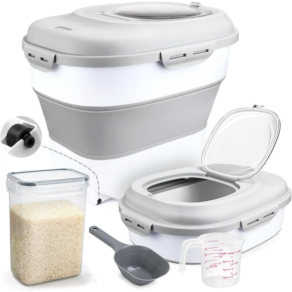 Rice Storage Bin Cereal Containers, 13-50lb Collapsible Rice Container Dispenser with Transparent Lid, Rolling Wheels, Measuring Cup and Scoop, Airtight Dog Cat Pet Food Storage Container White