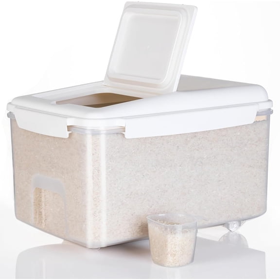 Rice Storage Container 20 lbs - 15 lbs Airtight Flour Dispenser with  & wheel, , kitchen organizers for //  Storage Container (10 lbs), White