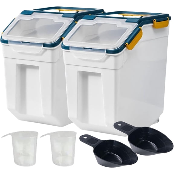 Rice Storage Container 25lbs, 2 Pack Flour Bin with Measuring Cup & Scoop, BPA Free Rice Dispenser, Cereal & Dog Food Containers, Kitchen Organizer for Dry Beans, Oatmeal and Grains - Dark Blue