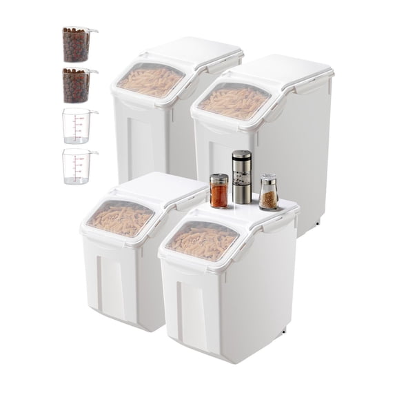Rice Storage Container, 3.5Gal/15Lx2 + 4.5Gal/20Lx2 Large Dog Food Dispenser Bin, Kitchen Ingredient Grain Cereal Bin, Pet food Containers with Wheels, 4 Measuring Cups, Airtight Lid, 4 Pack