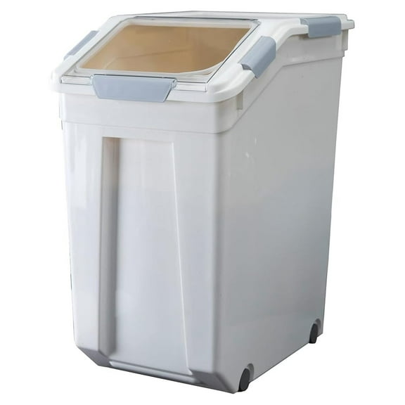 Rice Storage Container 33 Liter - 50 lbs Capacity, BPA Free Food Container for Rice, Grain, Pet Food, Flour - White Airtight Storage with Wheels & Measuring Cup