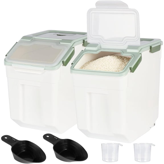 Rice Storage Container 50 lbs Large Household Flour Sugar Containers Airtight Grain Cereal Dispenser with Wheels, Locking Lid & Measuring Cup for Kitchen Pantry Organization, 2 Pack(Green)
