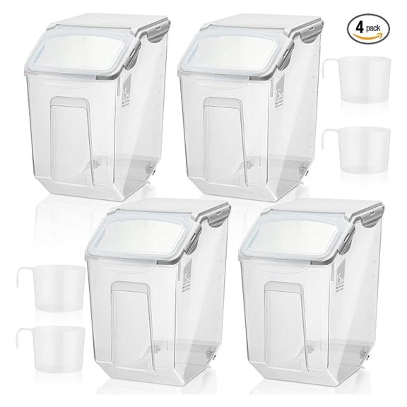 Rice Storage Containers 4 Pack, 15L Airtight Food Container with Wheels, Plastic Flour Bin for Dry Food, Cereal, Pet Food, 30 lbs Capacity