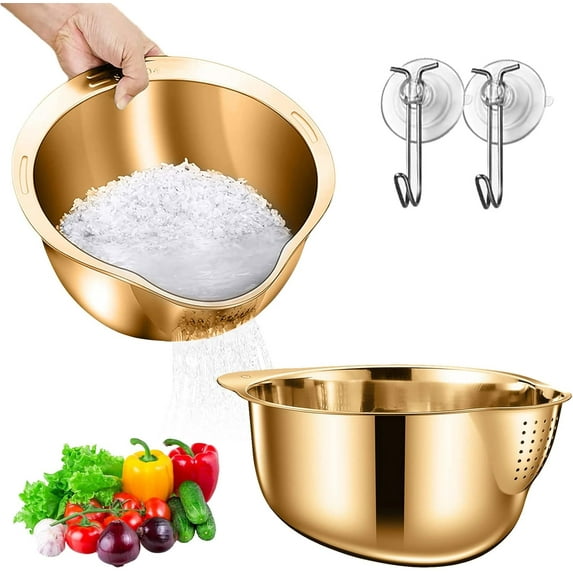 Rice Strainer, 2PCS Rice Washer Strainer Bowl, Rice Washing Bowl, Rice Cleaner Strainer with Side Drain Spoon, Stainless Steel Colander for Cleaning Fruits, Vegetables, Quinoa and Beans (Gold)