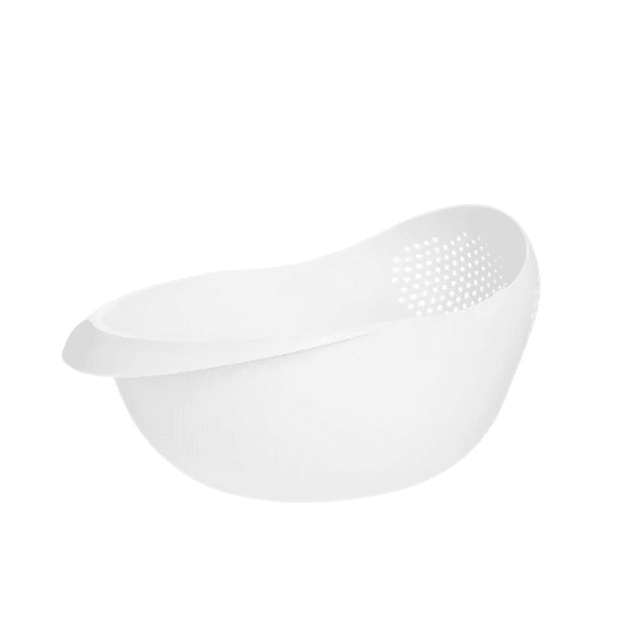 Rice Strainer and Colander Bowl with Side Drainer, Food Grade Plastic Rice Beans Peas Washing Colander, Vegetable Steamer Basket, Collapsible, Perforated Design (White)