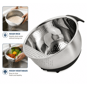 Rice Washer Bowl with Strainer, Quinoa Rinse Bowl, Stainless Steel Side Drain Colander for Rice, Fruits, Vegetables and Beans