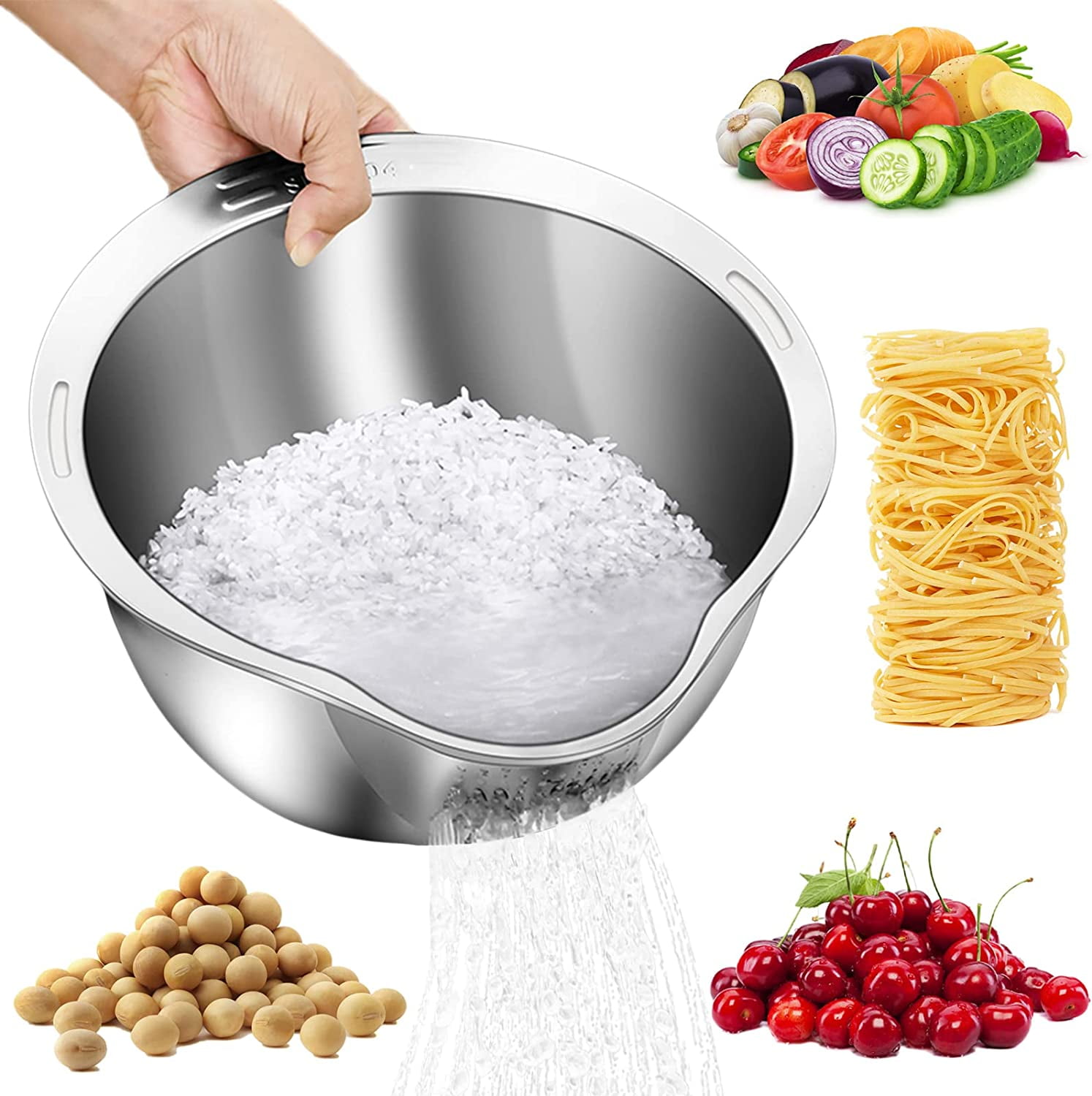 Stainless Steel 4-in-1 Rice Washer Strainer Bowl with Side Drainers