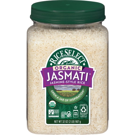 RiceSelect Organic Jasmati White Rice, American-Style Jasmine, 2 lb Jar