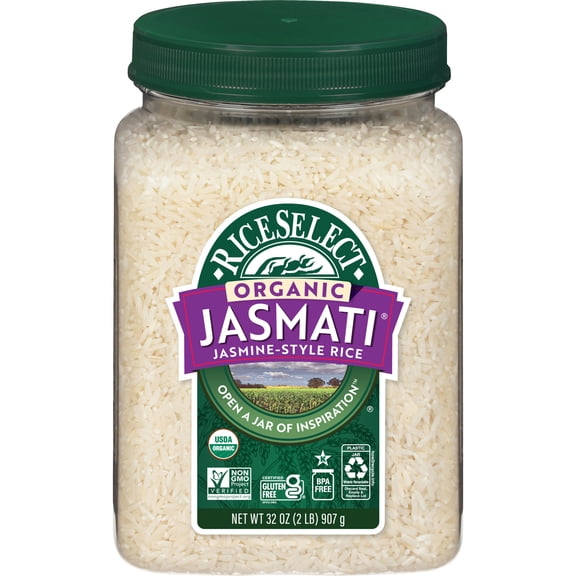 RiceSelect Organic Jasmati White Rice, American-Style Jasmine Rice, 2 lb Jar