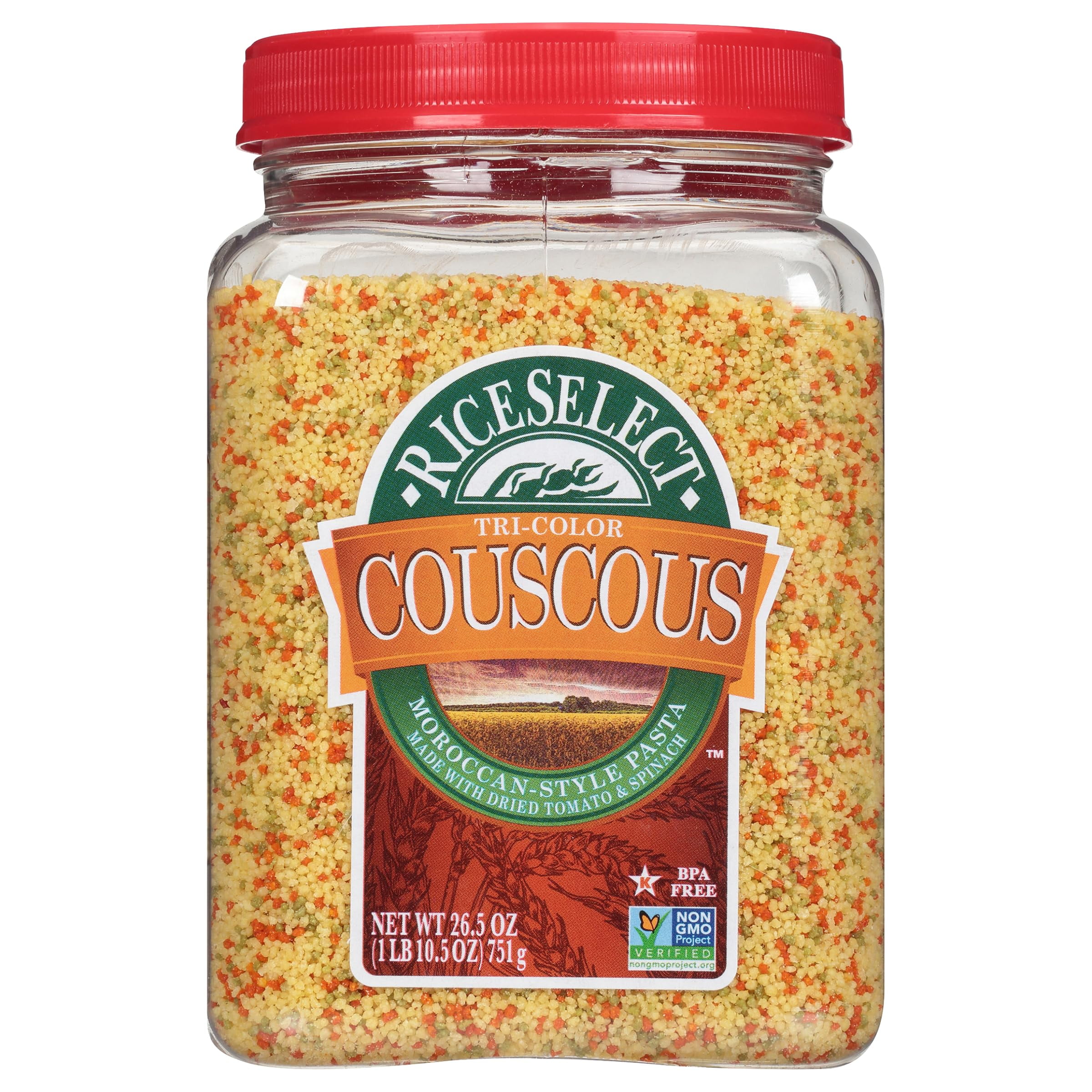 RiceSelect Tri-Color Couscous, Moroccan-Style Couscous Pasta, Non-GMO and Certified Kosher by Star K, 26.5-Ounce Jar, (Pack of 1)