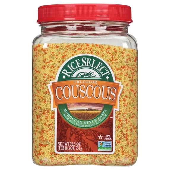 RiceSelect Tri-Color Couscous, Moroccan-Style Couscous Pasta, Non-GMO and Certified Kosher by Star K, 26.5-Ounce Jar, (Pack of 1)