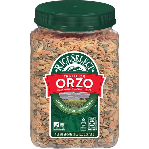 RiceSelect Tri-Colored Orzo Pasta, Non-GMO, 26.5 oz Jar