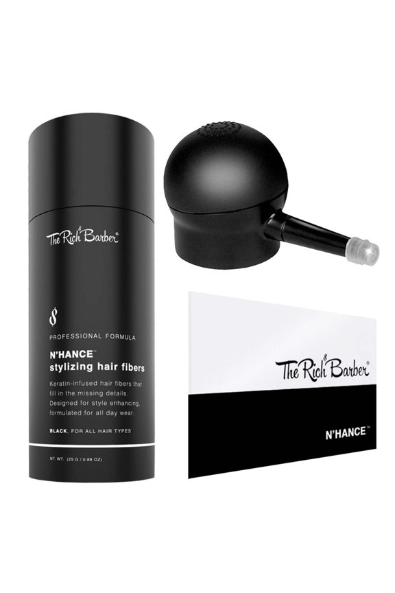 N’Hance Hair Fibers & Applicator Pump Set | Natural Concealing Hair Thickening Fibers | Long-Lasting Spray with Accessory For Crisp Hairlines, A Thicker Beard & Styling (Black)