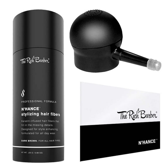 The Rich Barber® N’Hance Hair Fibers & Applicator Set | Natural Concealing Hair Thickening Fibers | Long-Lasting Spray with Accessory For Crisp Hairlines, A Thicker Beard & Styling (Dark Brown)