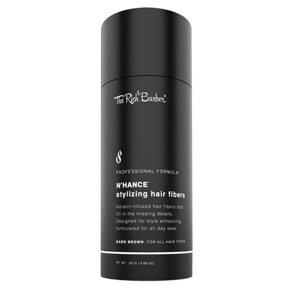 The Rich Barber® N’Hance Hair Fibers | Pro Barber Hair Thickening Fibers | Grey Hair Concealer Spray | Three Natural Colors | For Sharper Hairlines, A Thicker Beard & Fuller Hairstyling (Dark Brown)
