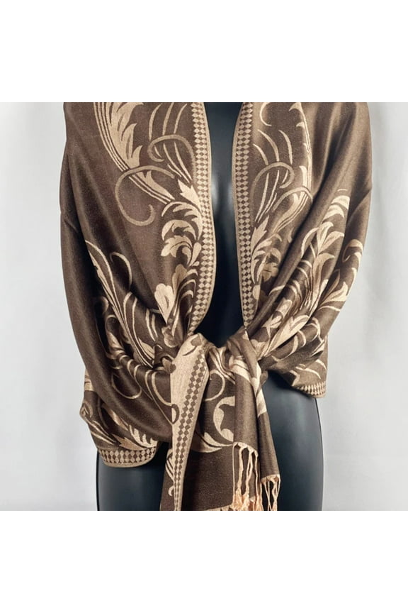 Rich Brown Pashmina Shawl with Tan Floral Patterns Classic Fringed Wrap for Elegant Layering