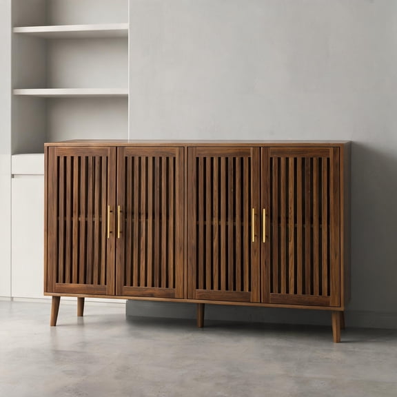 Rich Brown Sideboard Storage Cabinet with Grille Doors, 63-Inch Multifunctional Accent Buffet