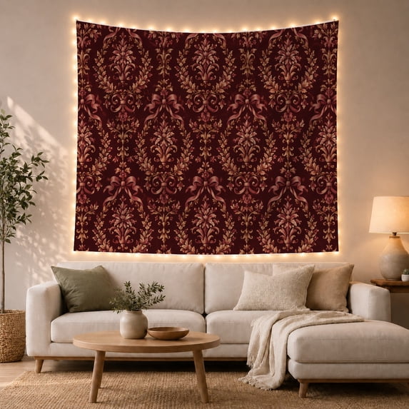 Rich Burgundy Damask Floral Scene on Solid Background, Romantic Vintage for Victorian Decor Lovers, Art Decor Phrase, Housewarming Gift, Tapestry Wall Hanging for Living Room and Bedroom