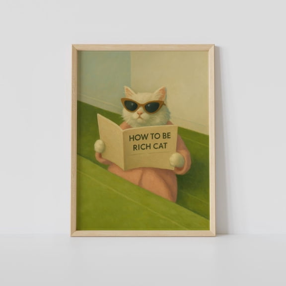 Rich Cat With Sunglasses And Book Print, Whimsical Wall Art