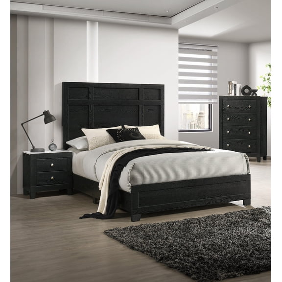 Rich Dark Finish Faux Marble Tops King Size 3pc Panel Bed Chest Nightstand Set