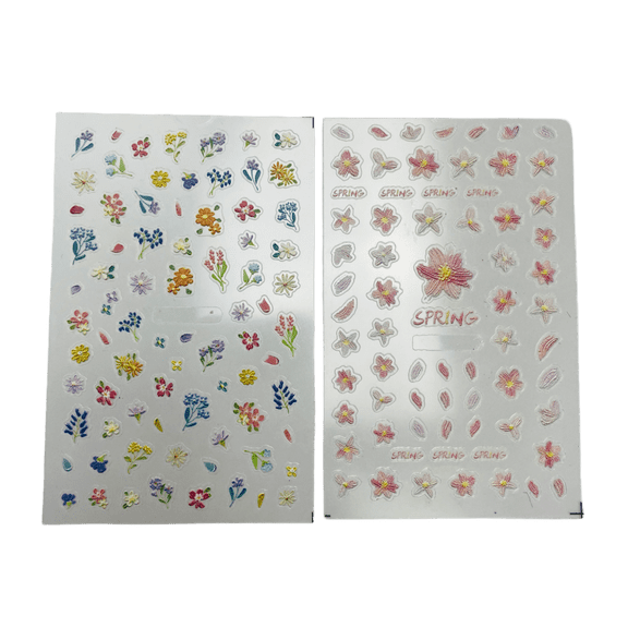 Rich Fragrance Spring Flower Fingernail Decals 3D Embossed Floral Nail Stickers 2 Sheets
