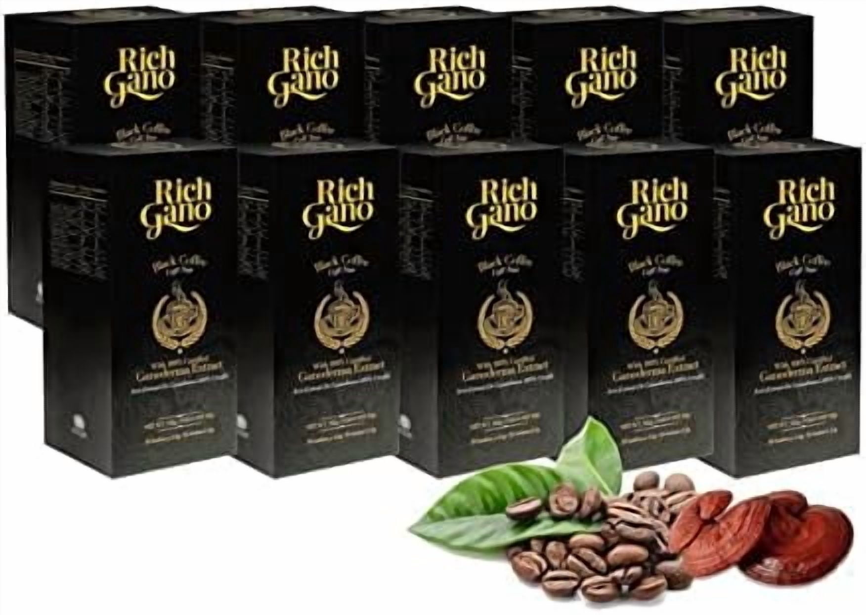 Rich Gano Reishi Mushroom Coffee – (10 Boxes of 30 Sachets) Black Coffee with Ganoderma Extract – All Natural Vegan Friendly Instant Coffee Packets – Zero Jitters Immune Support Ganoderma Coffee