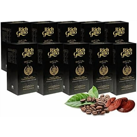 Rich Gano Reishi Mushroom Coffee (10 Boxes of 30 Sachets) Black Coffee with Ganoderma Extract All Natural Vegan Friendly Instant Coffee Packets Zero Jitters Immune Support Ganoderma Coffee