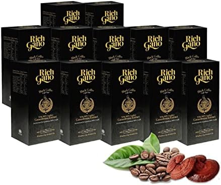 Rich Gano Reishi Mushroom Coffee – (12 Boxes of 30 Sachets) Black Coffee with Ganoderma Extract – All Natural Vegan Friendly Instant Coffee Packets – Zero Jitters Immune Support Ganoderma Coffee
