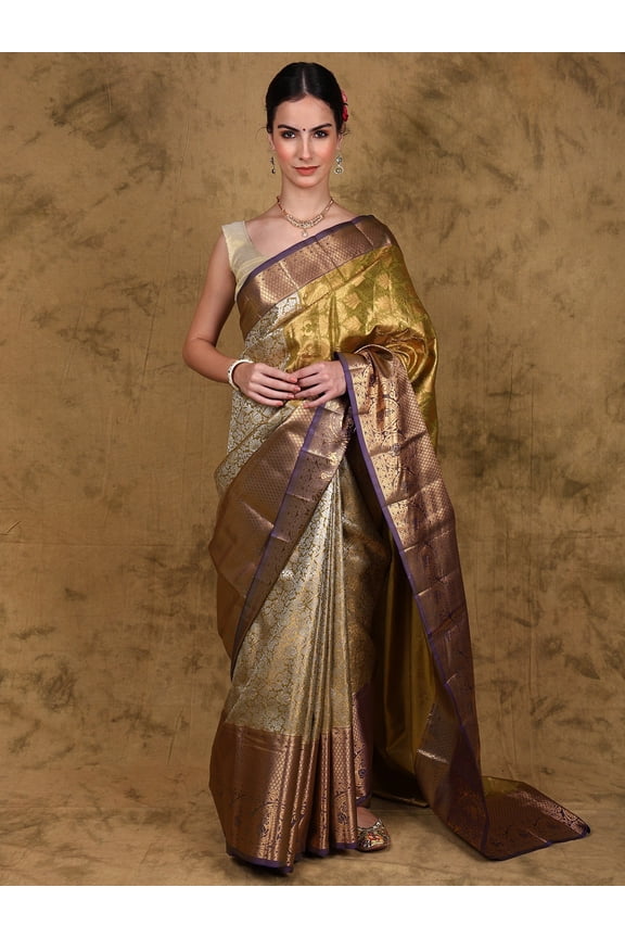 Rich-Gold Bridal Saree from Kumbakonam with All-Over Zari Brocaded Floral Jali pattern and Paisleys Wide Border