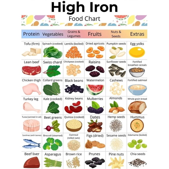 Rich Iron Food Chart Poster Non Heme and Heme Iron Food List, Rich Iron Grocery List Poster