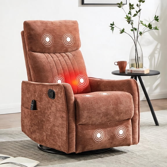Rich Orange Chenille Massage Manual Recliner Chair with Rocker and Swivel for Living Room, Contemporary