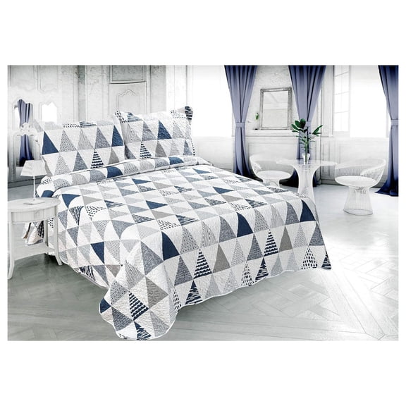 Rich Printed Embossed Pinsonic Coverlet Bedspread Ultra Soft 2 Piece Summer Quilt Set with 1 Quilted Sham, Modern Geometric Triangle Pattern Twin/Single Size