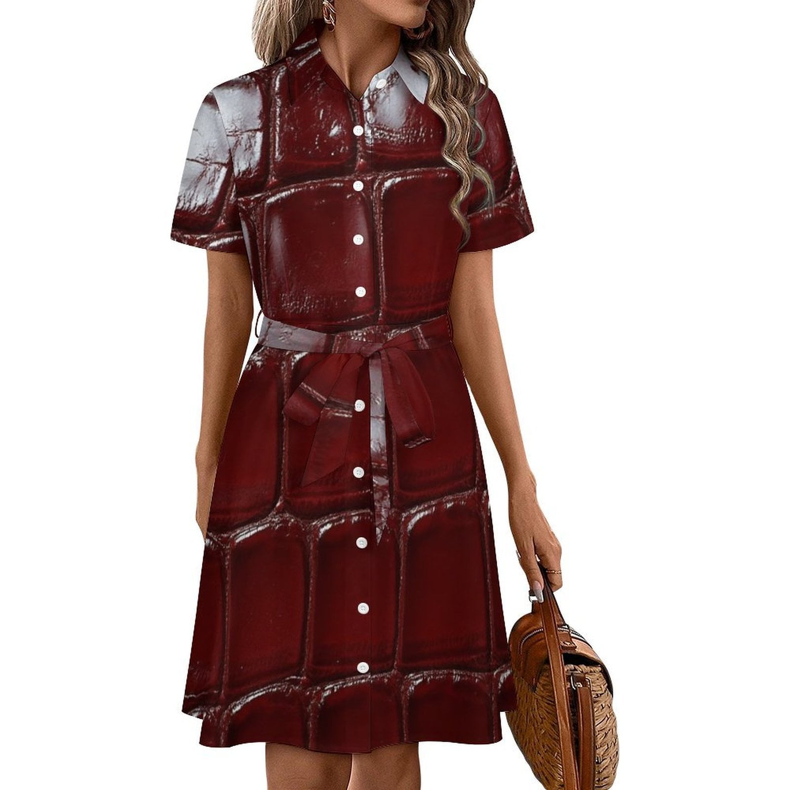 Rich Red Crocodile Leather Texture Womens Shirt Dresses Women'S Short ...