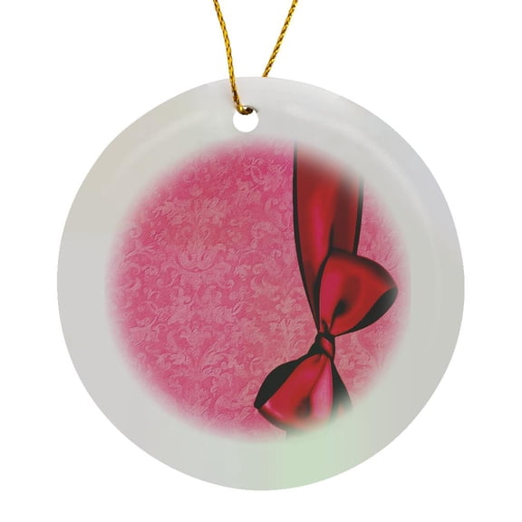 3drose, Rich Red Faux Satin Bow on Pink Grunge Damask Background, Circle Porcelain Ornament
