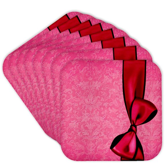 3drose, Rich Red Faux Satin Bow on Pink Grunge Damask Background, Set of 8 Coasters - Soft