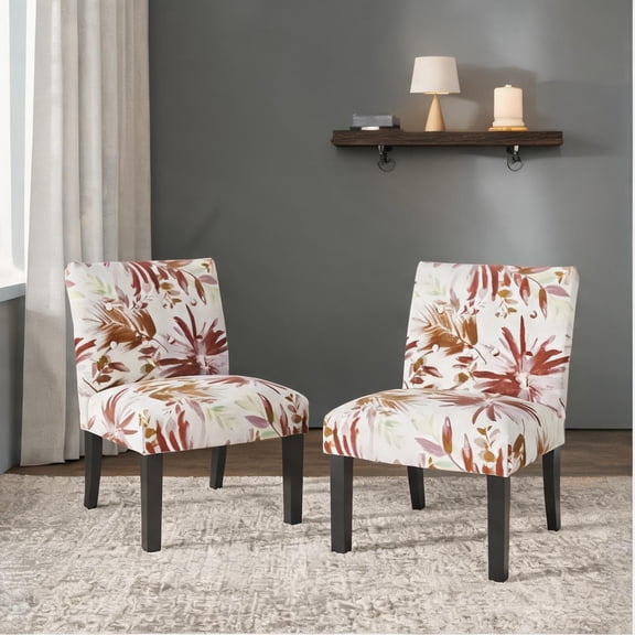 Rich Red Set of Two Accent Chairs with Floral Pattern for Living Room Contemporary Style