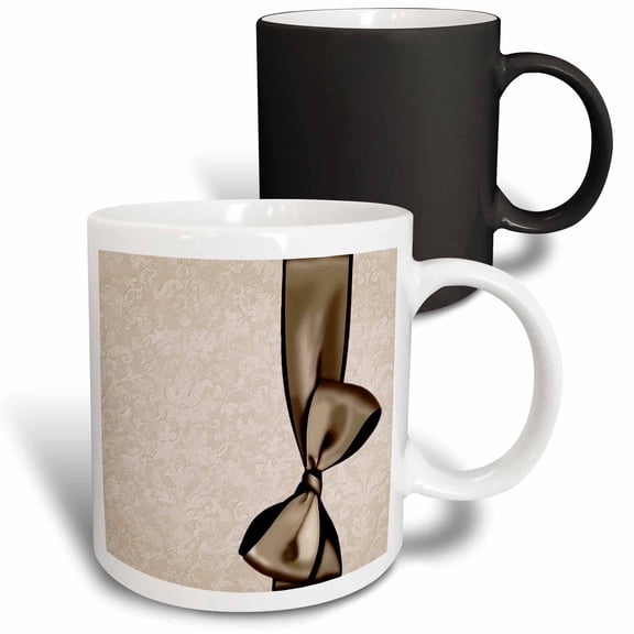 3drose, Rich Taupe Faux Satin Bow on Pastel Taupe Grunge Damask Background, 11oz Magic Transforming Mug