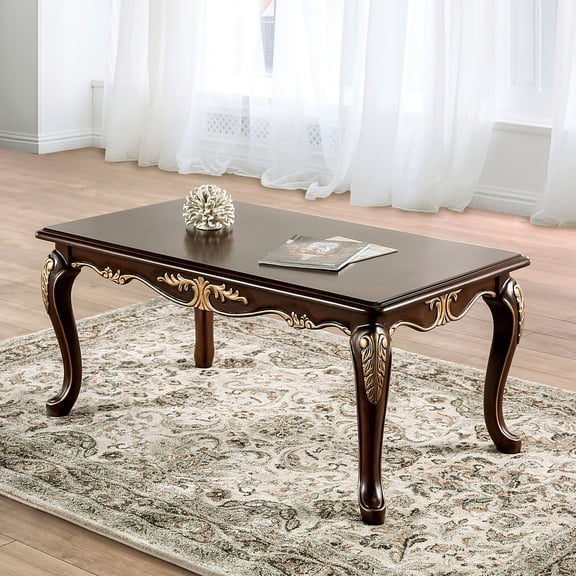 Rich Tobacco Finish Traditional Style 1pc Rectangle Coffee Table Curved Legs Carved Details Design With Gold Highlight Elegant Look Solid Wood Structure
