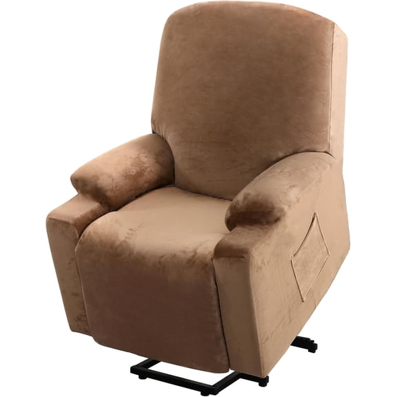 Rich Velvet Recliner Slipcover - 1 Piece Stretch Cover for Power Lift Chairs with Side Pocket, Soft Thick Furniture Protector Fits Standard/Large Electric Recliners (Camel)