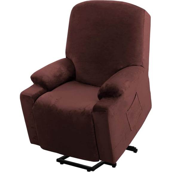 Rich Velvet Recliner Slipcover - 1 Piece Stretch Cover for Power Lift Chairs with Side Pocket, Soft Thick Furniture Protector Fits Standard/Large Electric Recliners (Brown)