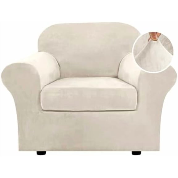 Rich Velvet Stretch 2 Piece Cover Chair Slipcover Sofa Cover Furniture Protector Couch Soft with Elastic Bottom Chair Couch Cover with Arms Width Up to 49 Inch(Chair, Ivory)
