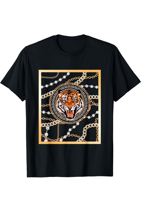 Rich Wild Tiger with Printed Gold Chains & Diamonds Style T-Shirt