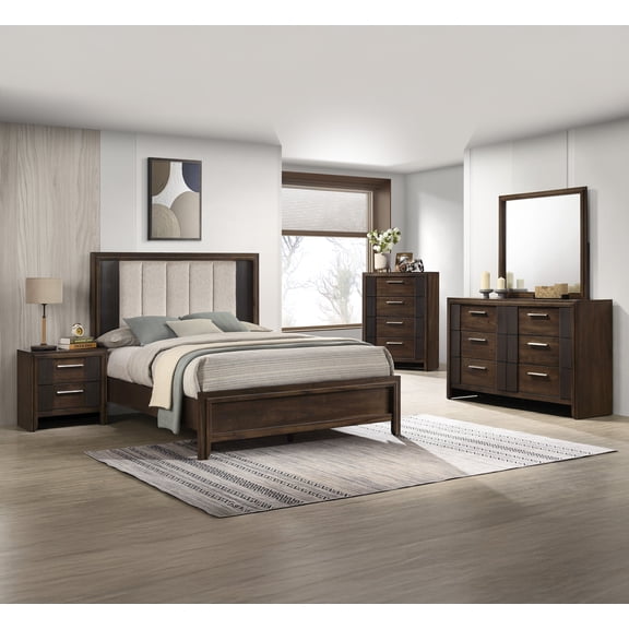 Rich Wood Finish Plush Upholstered Headboard Rustic Queen Size Bedroom 5pc Set