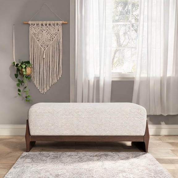 Rich brown fabric three-person bench with plush cushioning for entryway seating, modern style