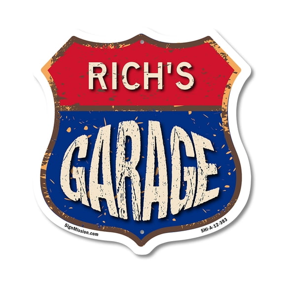Rich's Garage 12 inch X 12 inch Shield-Shaped Rust-Free Aluminum Metal Sign Weather Resistant, UV Protected To last, Gift for Dads and Uncles Classic Americana Crafted in the USA
