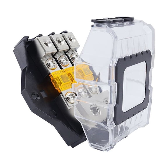 RichLink 1- 4Way Fused Distribution Block, 3 X 0/2/4 Gauge in / 3 X 4/8 Gauge Out Fused,3way