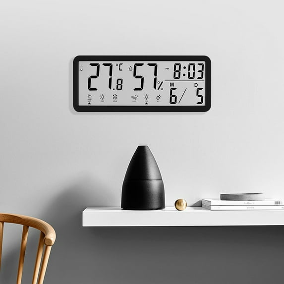 RichLink Lcd Screen Digital Wall Clock Time Temperature Humidity Display Electronic Clock,Black