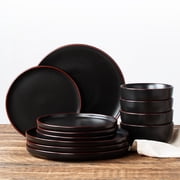 مجموعة أواني طعام RichMount Mercury Stoneware، 12 قطعة، أسود غير لامع